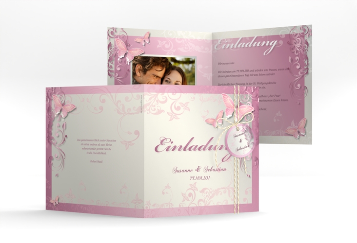 Hochzeitseinladung Toulouse quadr. Klappkarte rosa romantisch mit Schmetterlingen