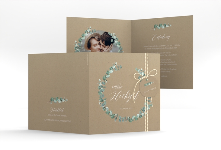 Hochzeitseinladung Silverleaf quadr. Klappkarte Kraftpapier hochglanz mit Eukalyptus-Zweig