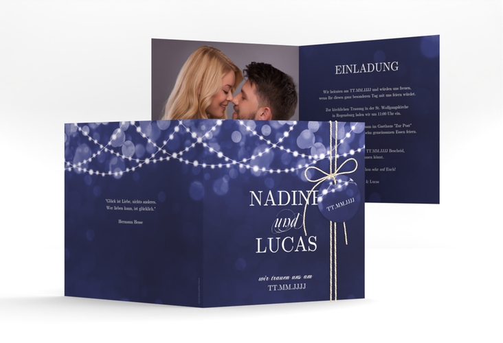 Hochzeitseinladung Lichtspiel quadr. Klappkarte blau