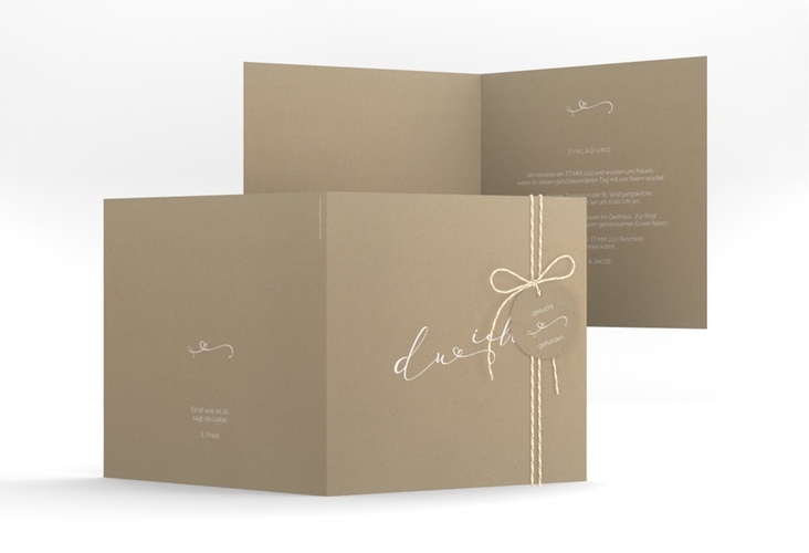 Hochzeitseinladung Zweisamkeit quadr. Klappkarte Kraftpapier hochglanz im minimalistischen Stil mit Aufschrift du & ich