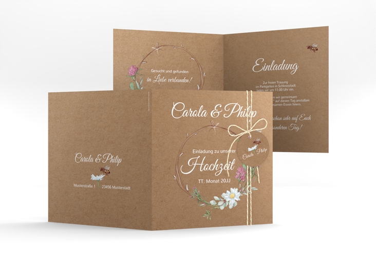 Hochzeitseinladung Honey quadr. Klappkarte Kraftpapier mit Wiesenblumen und Biene