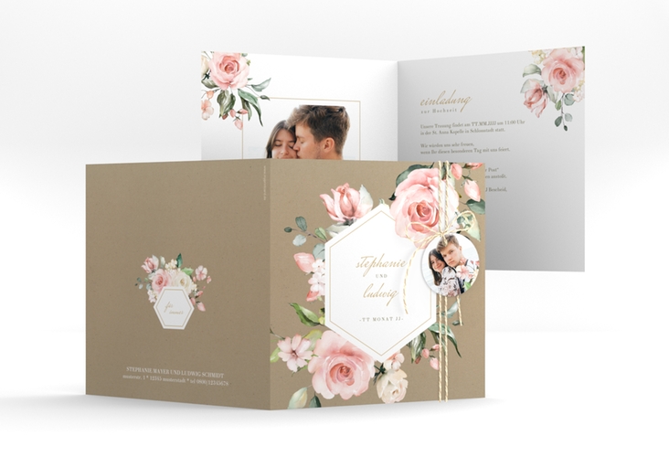Hochzeitseinladung Graceful quadr. Klappkarte Kraftpapier hochglanz mit Rosenblüten in Rosa und Weiß