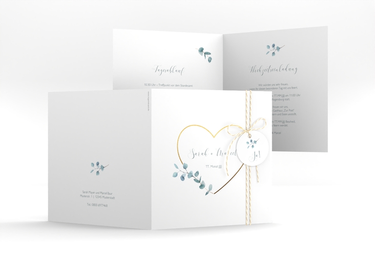 Hochzeitseinladung Greenheart quadr. Klappkarte hochglanz mit elegantem Herz und Eukalyptus-Zweig