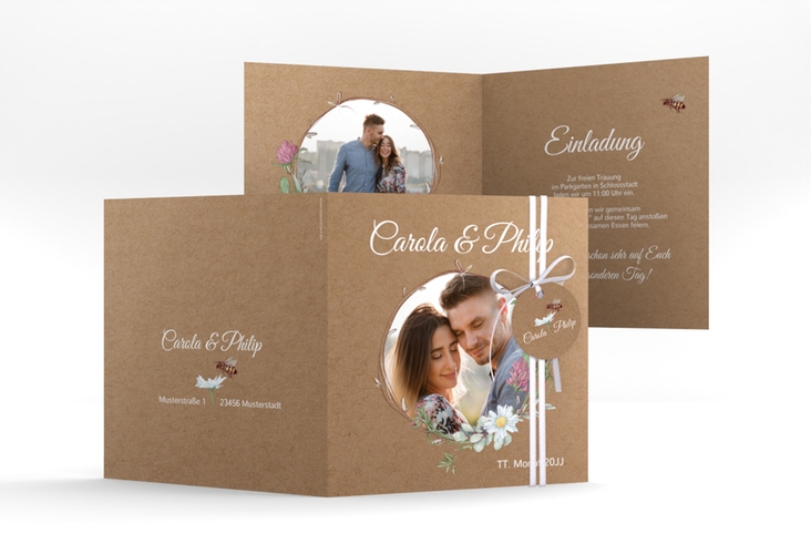 Hochzeitseinladung Honey quadr. Klappkarte Kraftpapier mit Wiesenblumen und Biene