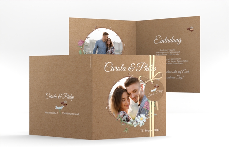 Hochzeitseinladung Honey quadr. Klappkarte Kraftpapier mit Wiesenblumen und Biene