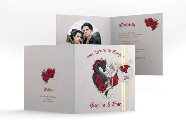 Hochzeitseinladung Drachenliebe quadr. Klappkarte grau