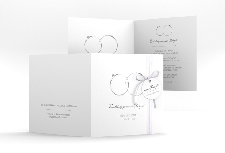 Hochzeitseinladung Trauringe quadr. Klappkarte grau minimalistisch gestaltet mit zwei Eheringen