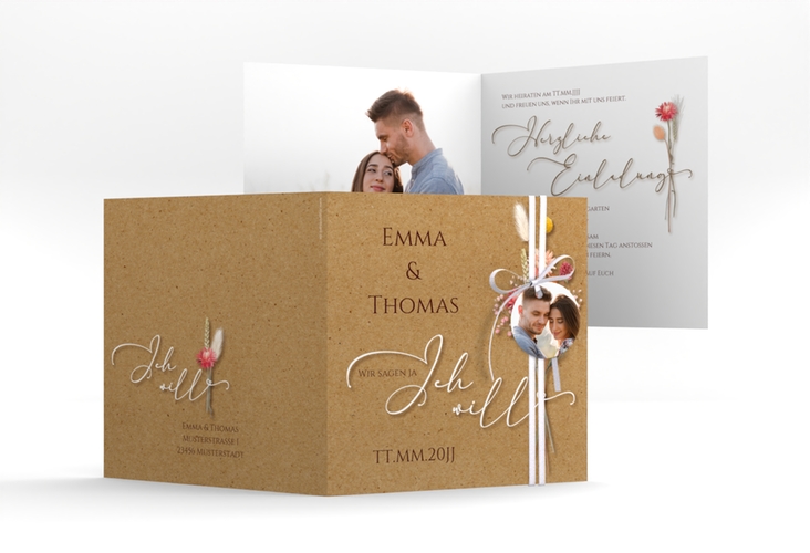 Hochzeitseinladung Flowerbunch quadr. Klappkarte Kraftpapier hochglanz mit Blumenstrauß aus Strohblumen