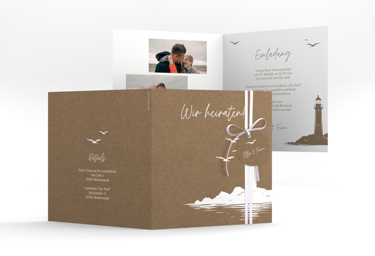 Hochzeitseinladung Leuchtturm quadr. Klappkarte Kraftpapier