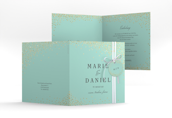 Hochzeitseinladung Glitter quadr. Klappkarte mint hochglanz