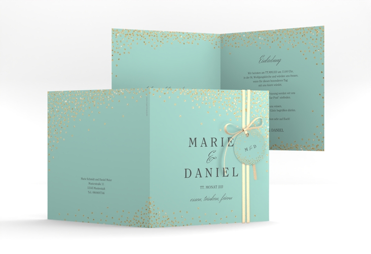 Hochzeitseinladung Glitter quadr. Klappkarte mint hochglanz
