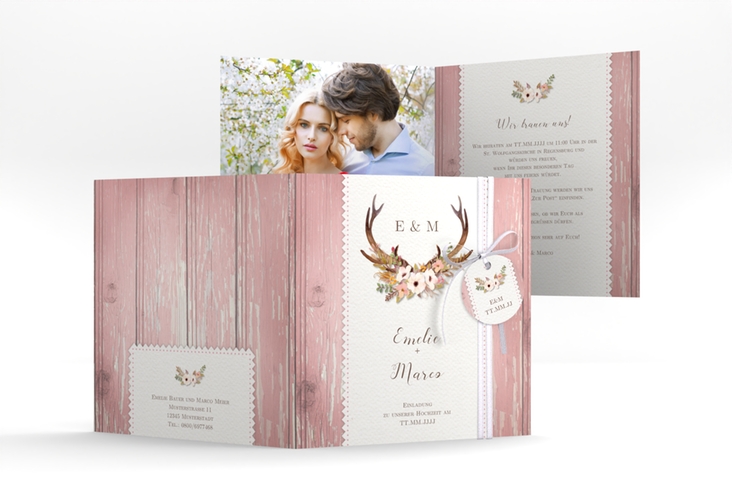 Hochzeitseinladung Heimatjuwel quadr. Klappkarte mit Hirschgeweih und Holz-Hintergrund