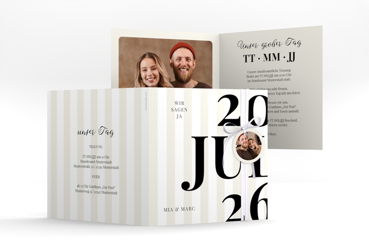 Hochzeitseinladung Streifen quadr. Klappkarte beige