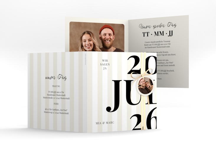 Hochzeitseinladung Streifen quadr. Klappkarte beige