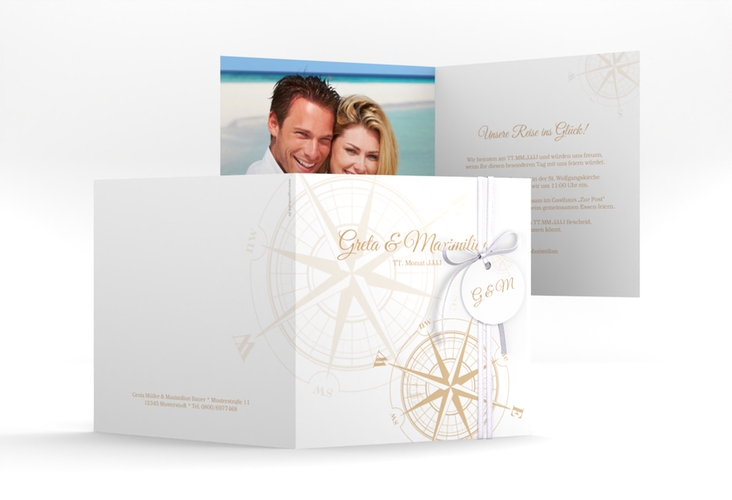 Hochzeitseinladung Windrose quadr. Klappkarte beige