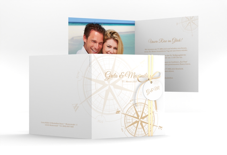 Hochzeitseinladung Windrose quadr. Klappkarte beige