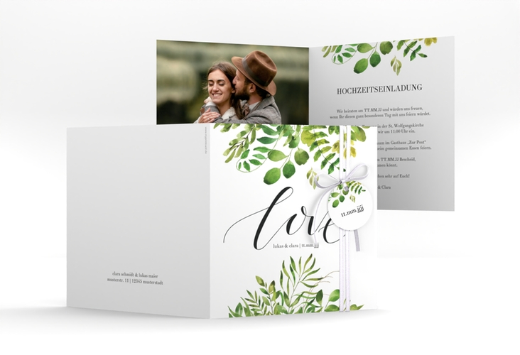 Hochzeitseinladung Botany quadr. Klappkarte weiss