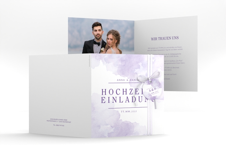 Hochzeitseinladung Blush quadr. Klappkarte lila