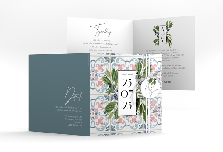 Hochzeitseinladung Mediterraner Flair quadr. Klappkarte mit Auzlejo-Fliesenmuster und Lorbeer
