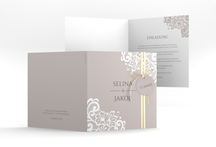 Hochzeitseinladung Vintage quadr. Klappkarte grau mit floraler Spitze