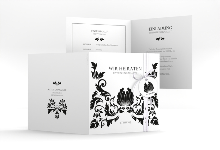 Hochzeitseinladung Royal quadr. Klappkarte weiss hochglanz mit barockem Blumen-Ornament