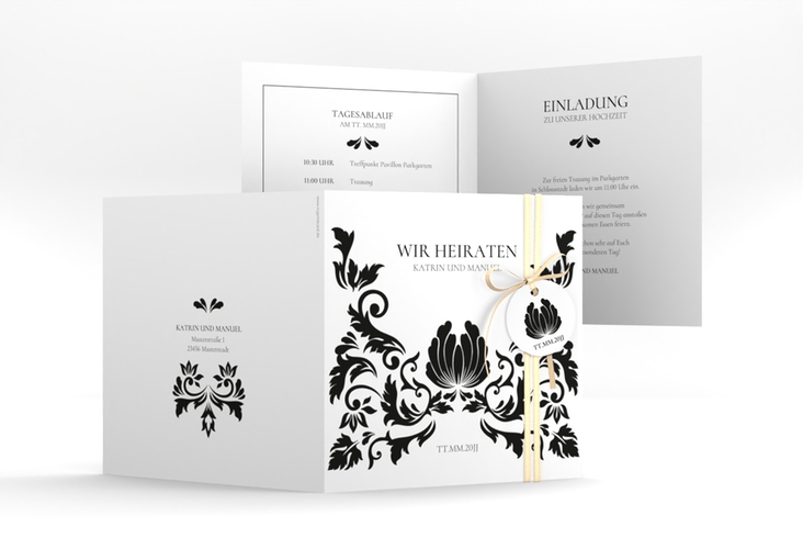 Hochzeitseinladung Royal quadr. Klappkarte weiss hochglanz mit barockem Blumen-Ornament