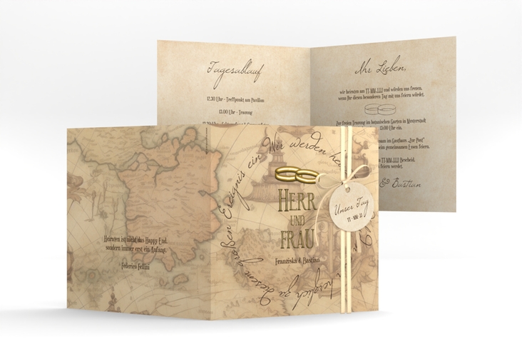 Hochzeitseinladung Zwei Ringe quadr. Klappkarte hochglanz mit Eheringen und Fantasy-Landkarte