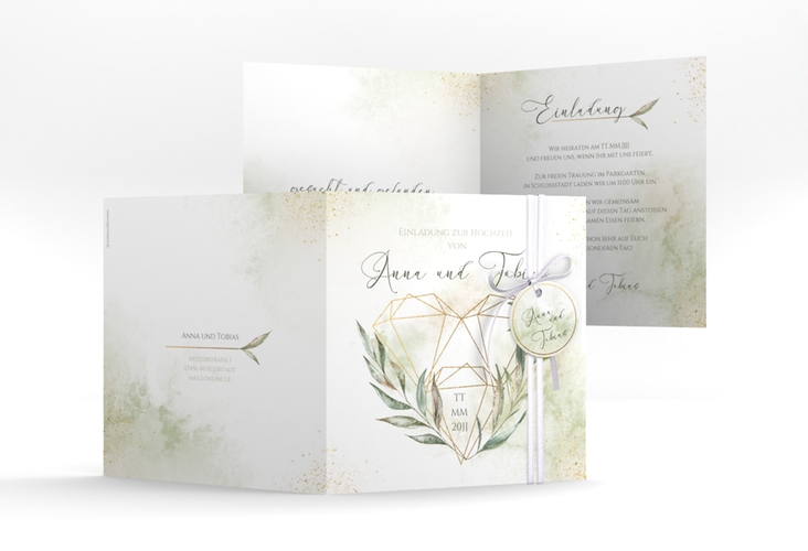 Hochzeitseinladung Heartfelt quadr. Klappkarte weiss hochglanz mit Diamanten im Geometric Design