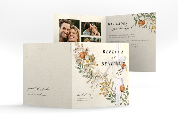 Hochzeitseinladung Wildfang quadr. Klappkarte beige mit getrockneten Wiesenblumen