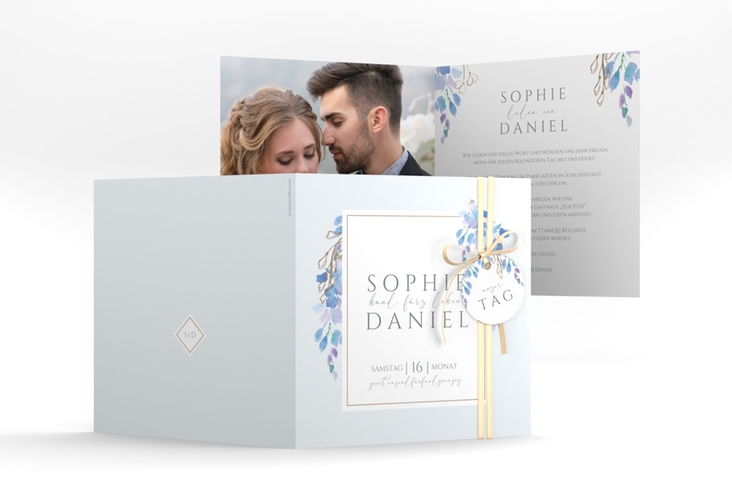 Hochzeitseinladung Blauregen quadr. Klappkarte blau hochglanz mit Wisteria-Blüten