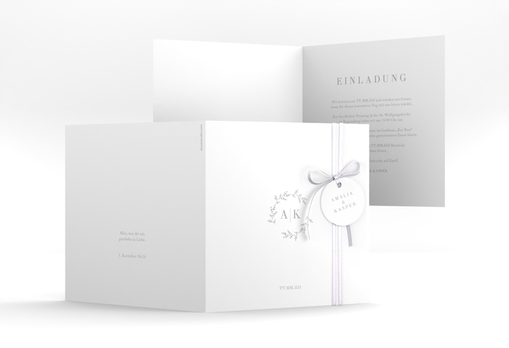 Hochzeitseinladung Filigrana quadr. Klappkarte grau in reduziertem Design mit Initialen und zartem Blätterkranz
