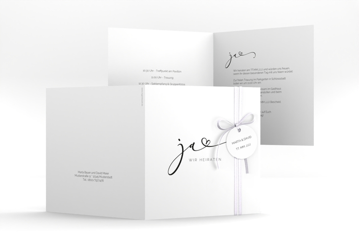 Hochzeitseinladung Jawort quadr. Klappkarte weiss hochglanz modern minimalistisch mit veredelter Aufschrift