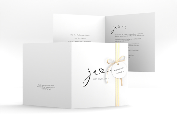 Hochzeitseinladung Jawort quadr. Klappkarte weiss hochglanz modern minimalistisch mit veredelter Aufschrift