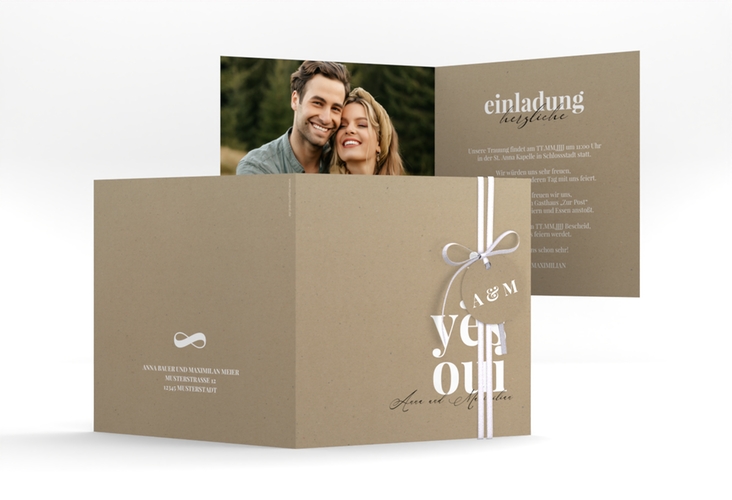 Hochzeitseinladung Oui quadr. Klappkarte mit Ja-Wort in verschiedenen Sprachen