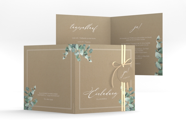 Hochzeitseinladung Eucalypt quadr. Klappkarte Kraftpapier hochglanz mit Eukalyptus und edlem Rahmen