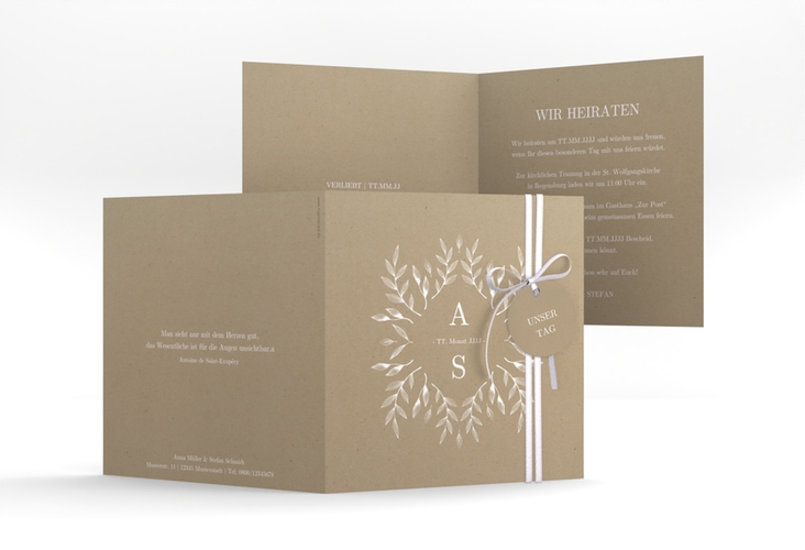 Hochzeitseinladung Blattwerk quadr. Klappkarte Kraftpapier