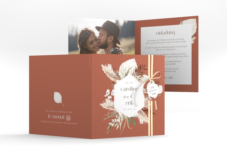 Hochzeitseinladung Bohemian quadr. Klappkarte orange im Boho-Style mit Pampasgras