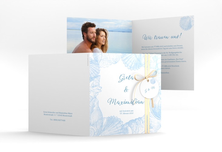 Hochzeitseinladung Muschelreich quadr. Klappkarte blau