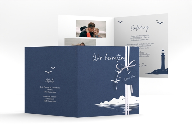 Hochzeitseinladung Leuchtturm quadr. Klappkarte blau