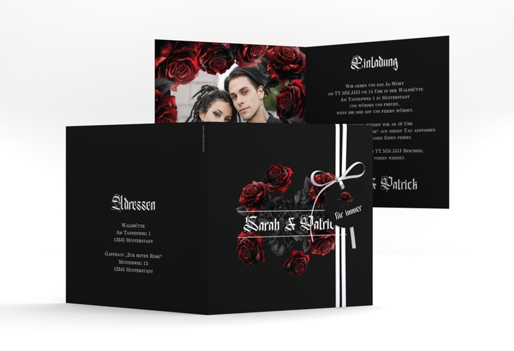Hochzeitseinladung Gothic Rose quadr. Klappkarte schwarz hochglanz