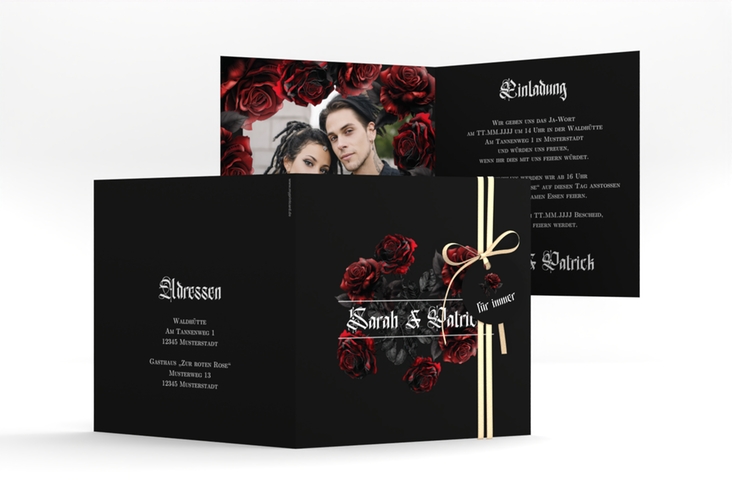 Hochzeitseinladung Gothic Rose quadr. Klappkarte schwarz hochglanz