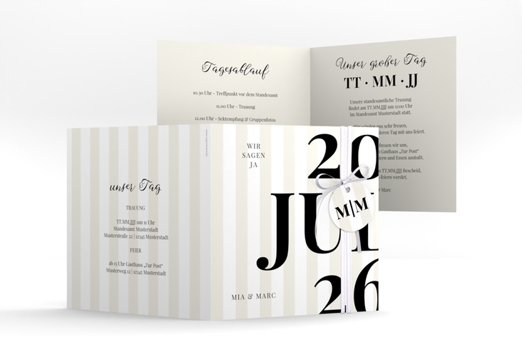 Hochzeitseinladung Streifen quadr. Klappkarte beige