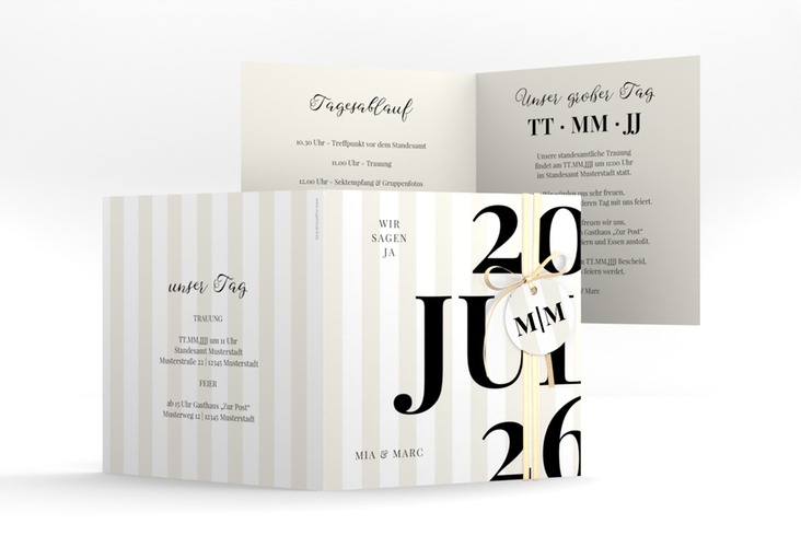Hochzeitseinladung Streifen quadr. Klappkarte beige