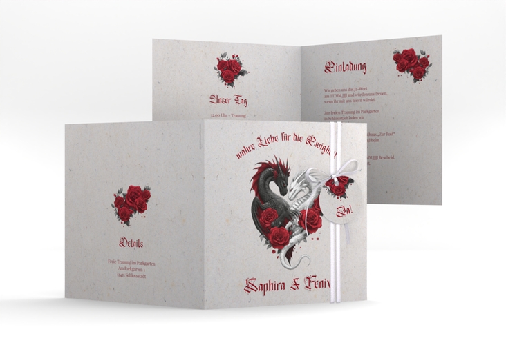 Hochzeitseinladung Drachenliebe quadr. Klappkarte grau