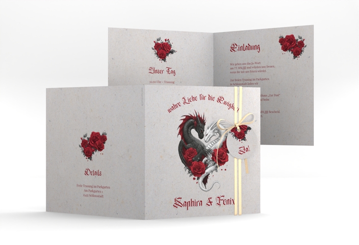 Hochzeitseinladung Drachenliebe quadr. Klappkarte grau