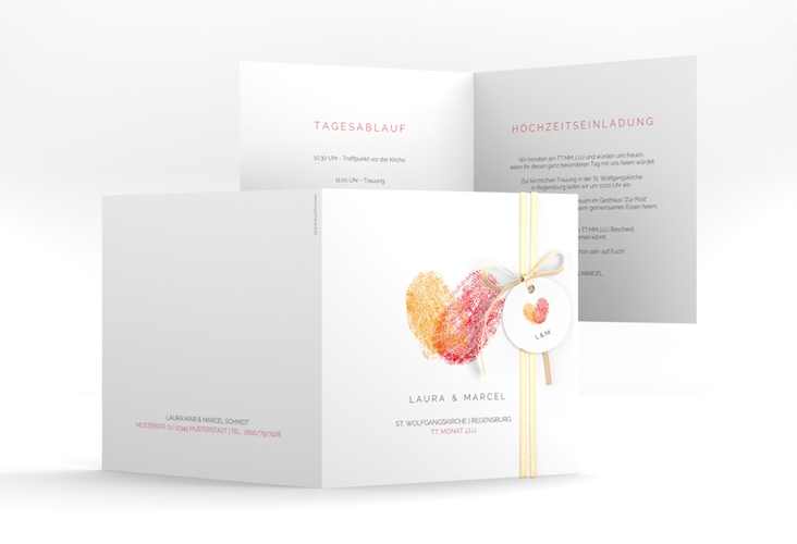 Hochzeitseinladung Fingerprint quadr. Klappkarte rot schlicht mit Fingerabdruck-Motiv