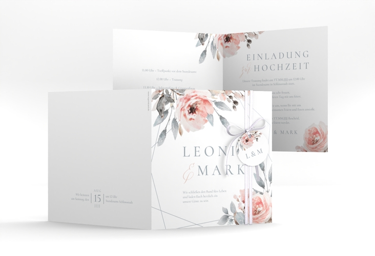 Hochzeitseinladung Perfection quadr. Klappkarte weiss hochglanz mit rosa Rosen