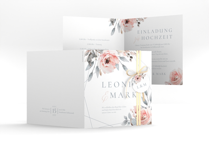 Hochzeitseinladung Perfection quadr. Klappkarte weiss hochglanz mit rosa Rosen