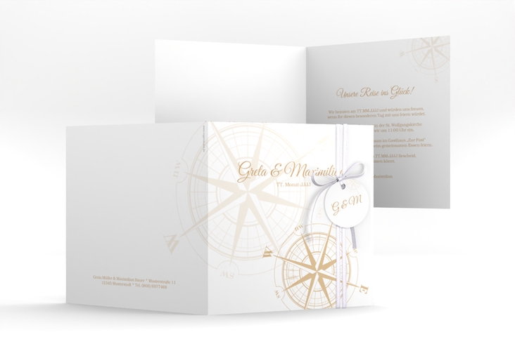 Hochzeitseinladung Windrose quadr. Klappkarte beige