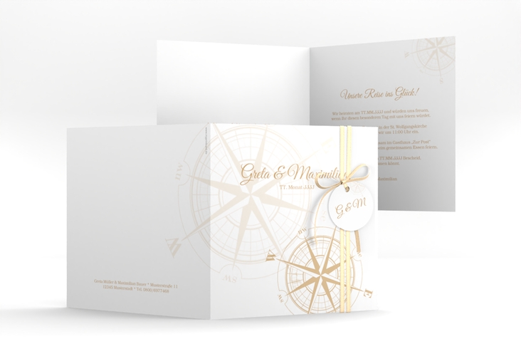 Hochzeitseinladung Windrose quadr. Klappkarte beige